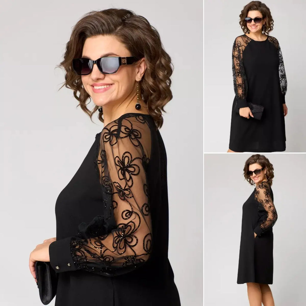 Lidia | Elegancka Sukienka z Delikatnymi Koronkowymi Rękawami