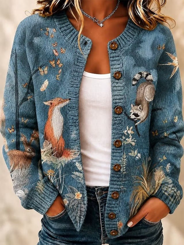 Mila | Woodland Animal Print Knitted Button Front Cardigan