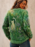 Leah | Floral Cat Print Knitted Button Front Cardigan