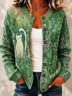 Leah | Floral Cat Print Knitted Button Front Cardigan