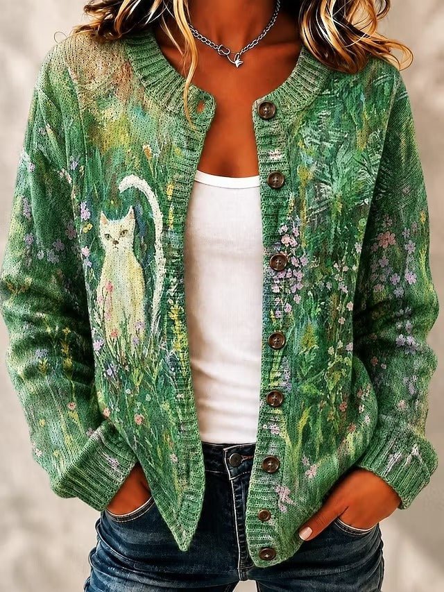 Leah | Floral Cat Print Knitted Button Front Cardigan
