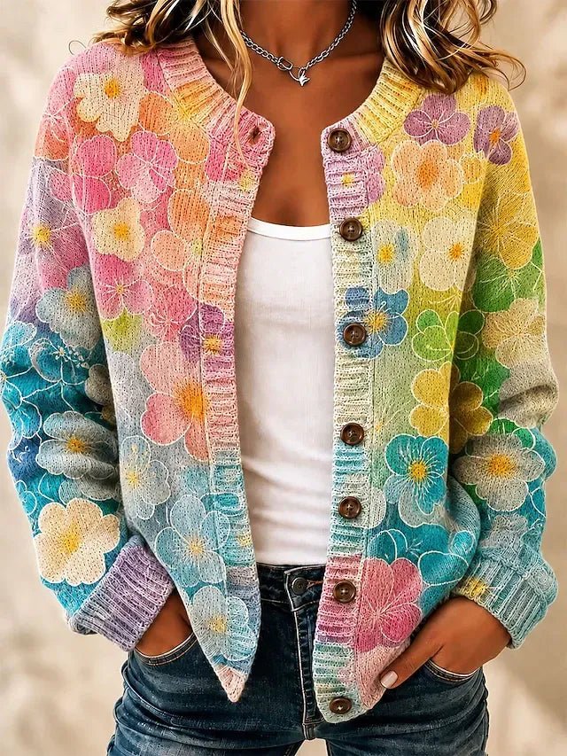 Zoey | Pastel Floral Ombre Knitted Button Front Cardigan