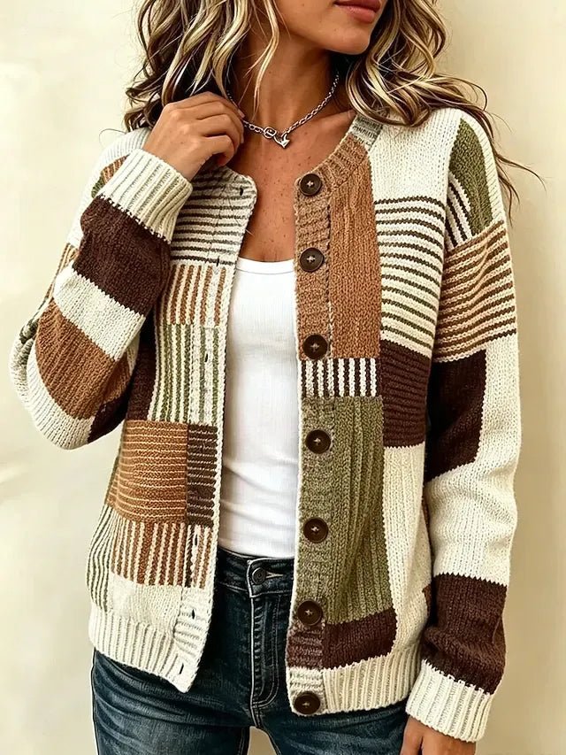 Ellie | Geometric Patchwork Knitted Button Front Cardigan