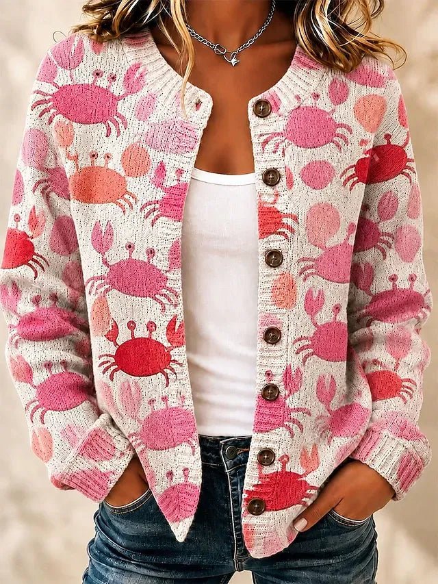 Nora | Pink Crab Print Knitted Button Front Cardigan