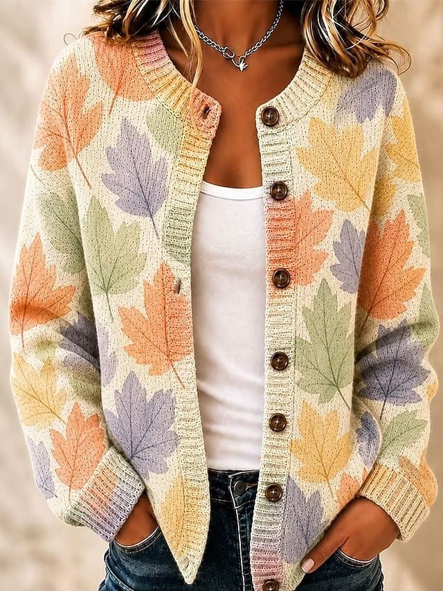 Lily | Leaf Print Knitted Button Front Cardigan