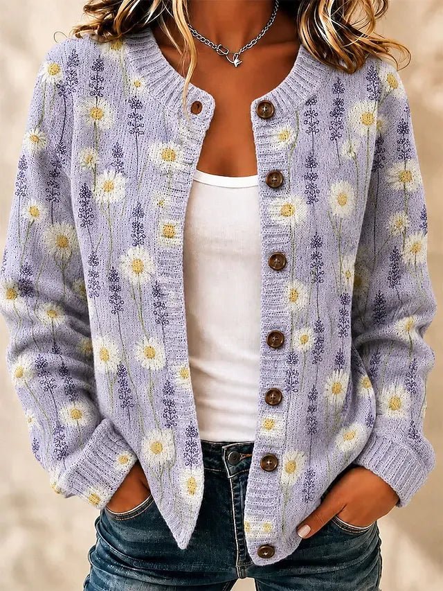 Violet | Daisy Print Knitted Button Front Cardigan